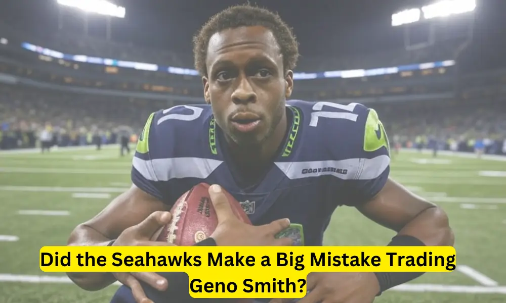 Geno Smith, quarterback for the Seattle Seahawks, holding a football on the field with a focused expression.